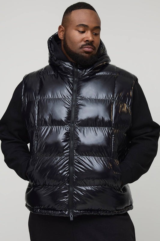 Plus Regular Fit High Shine Quilted Hooded Puffer Gilet | Black | Size 2XL