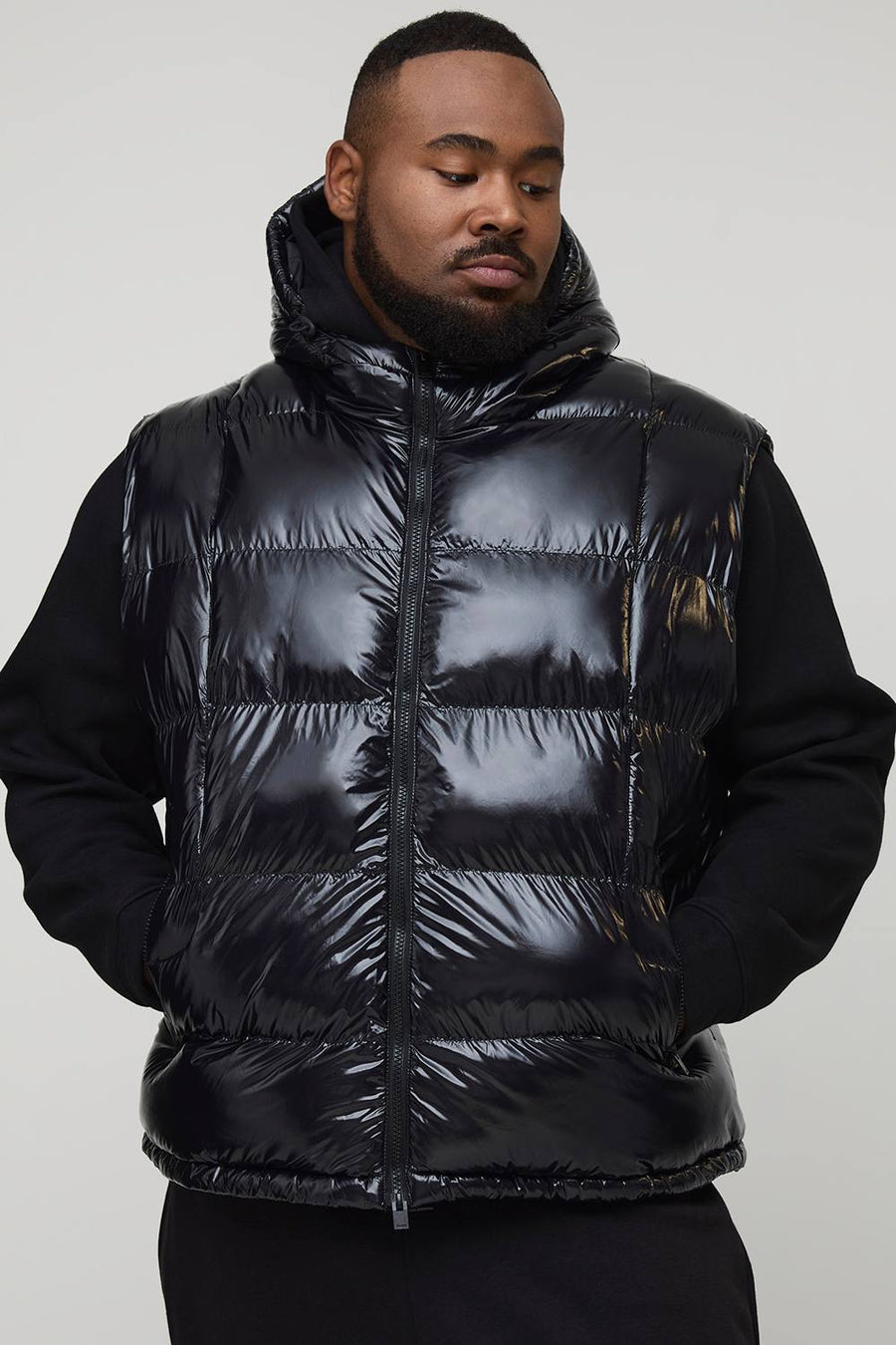 Plus Regular Fit High Shine Quilted Hooded Puffer Gilet | Black | Size 2XL