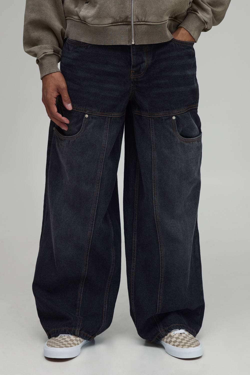 Baggy fit Washed Carpenter Panelled Jeans | Charcoal | Size 30R