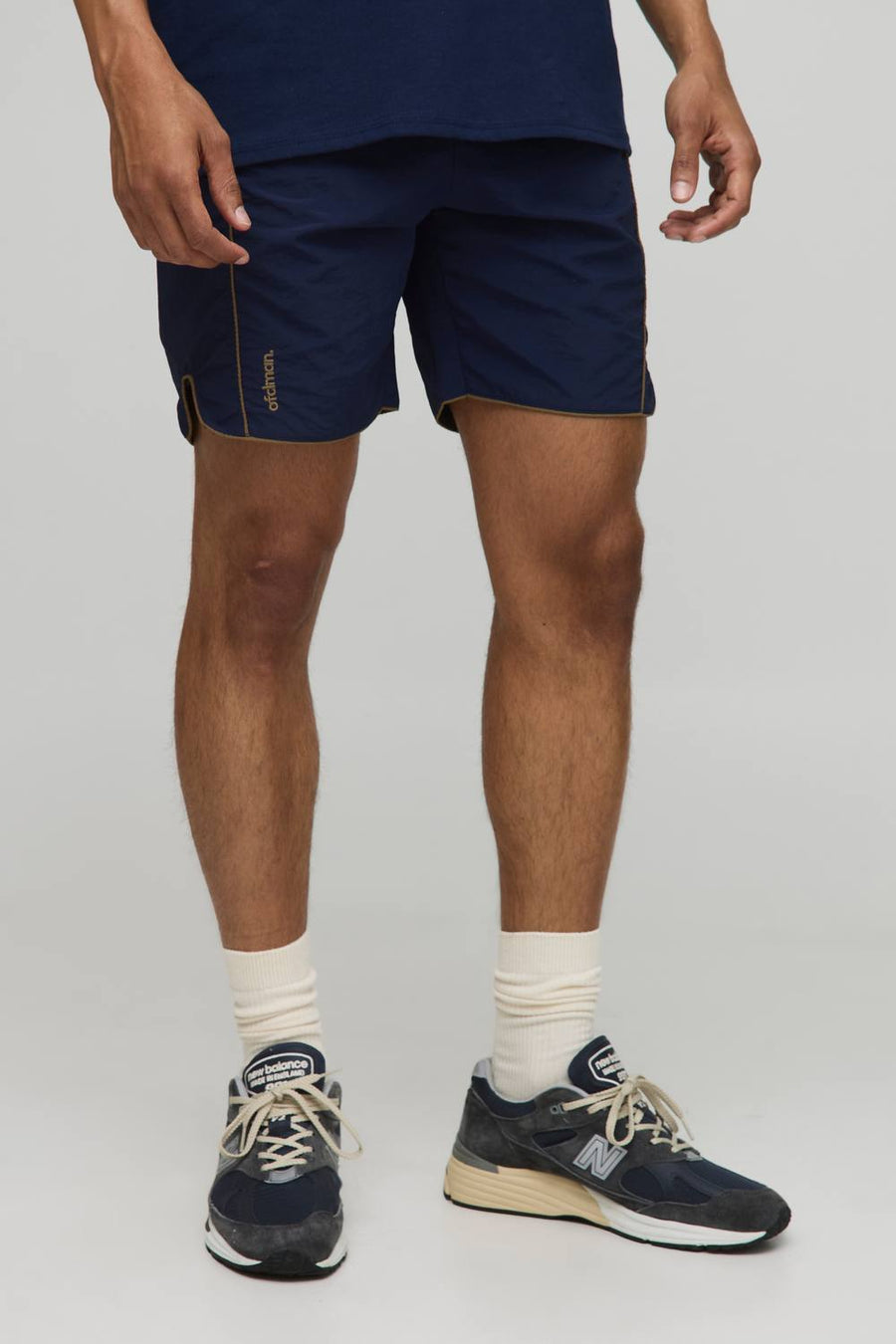 Elasticated Waist Relaxed Crinkle Nylon Piped Shorts | Navy | Size Small