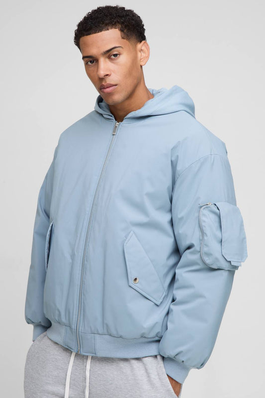 Men's Oversized Fit PU Applique Nylon Hooded Bomber Jacket | Slate Blue | Size Medium | BOOHOOMAN