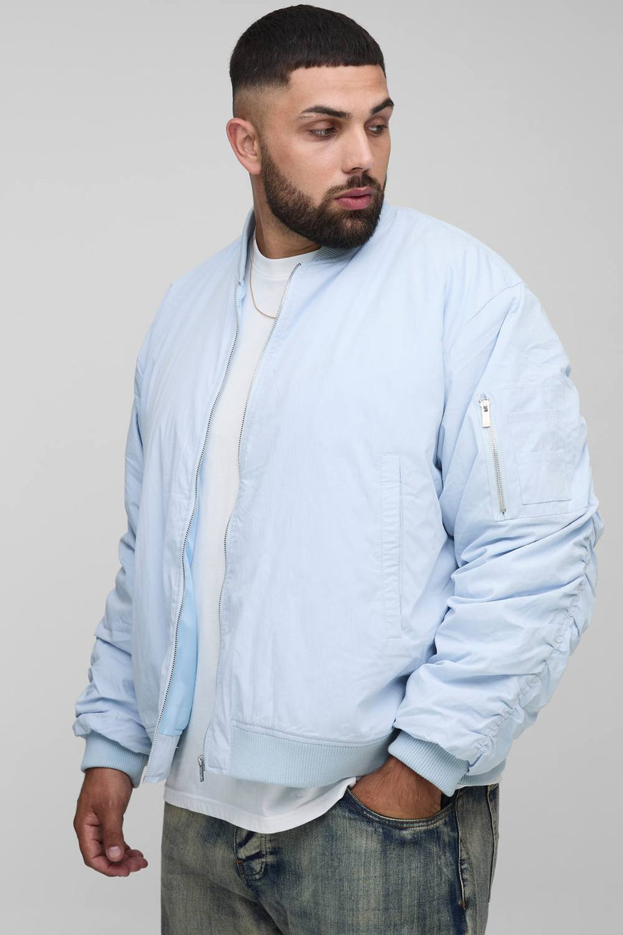 Plus Peached Embroidered MA1 Bomber Jacket | Baby Blue | Size 2XL