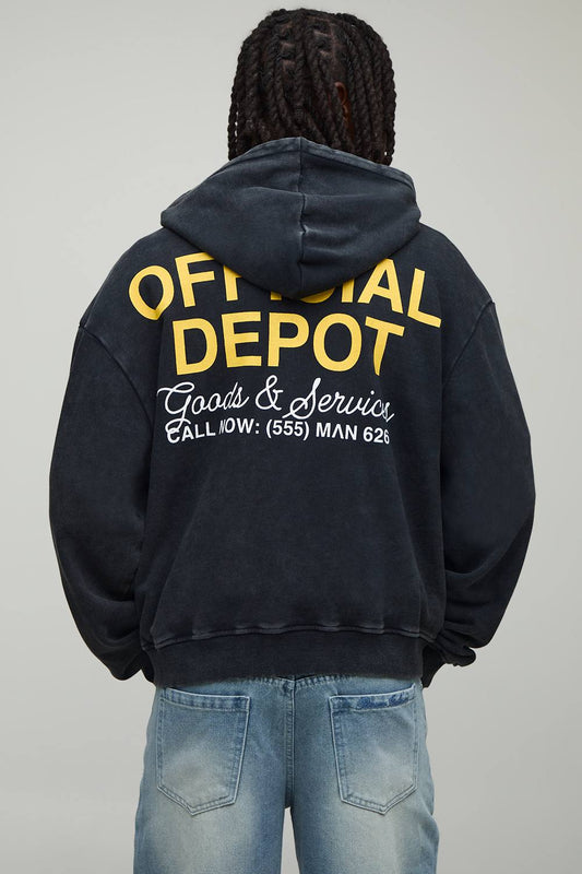 Men's Oversized Boxy Loopback Official Washed Zip Through Hoodie | Black | Size Medium | BOOHOOMAN