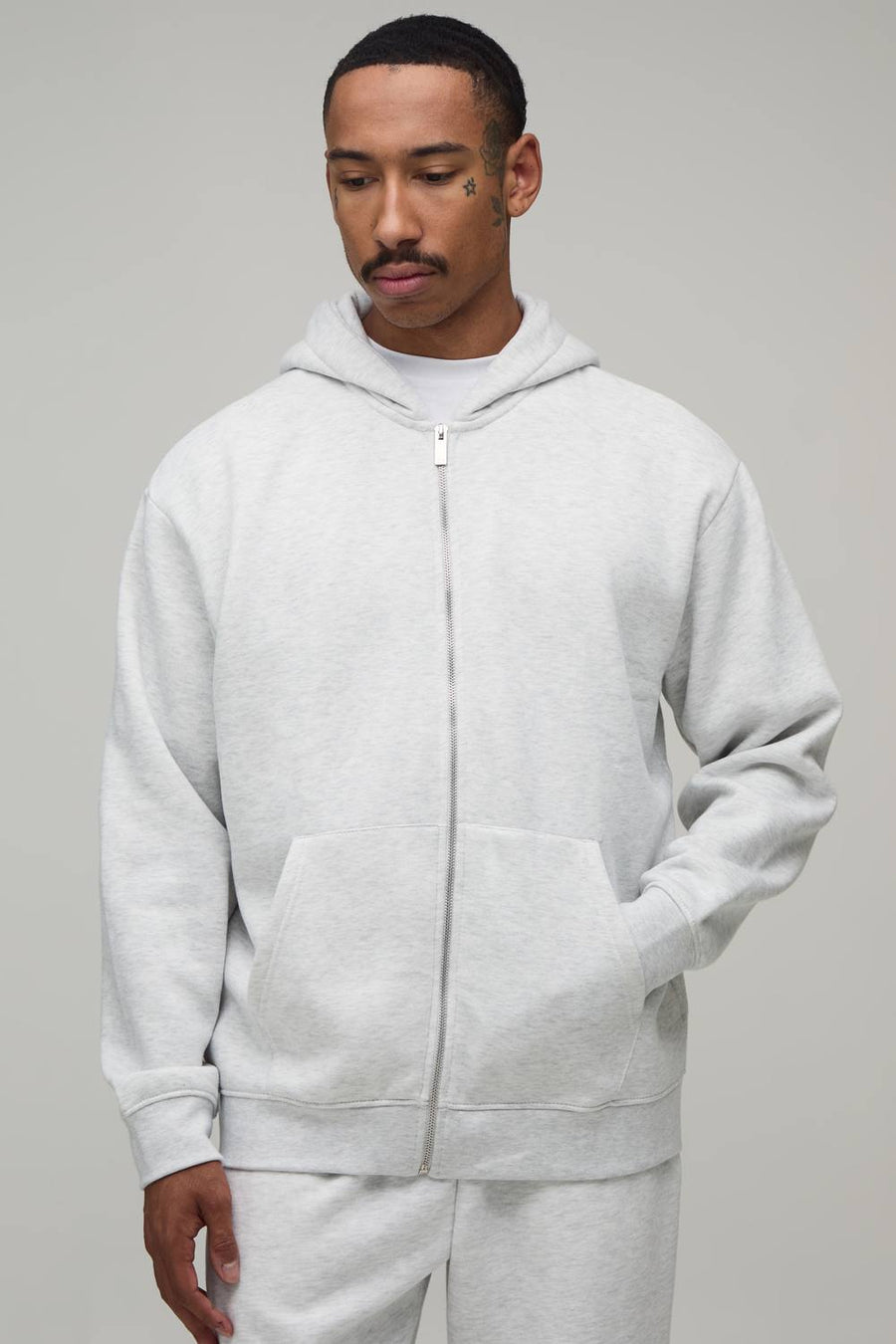 Men's Essential Oversized Zip Through Hoodie | Grey Marl | Size Small | BOOHOOMAN