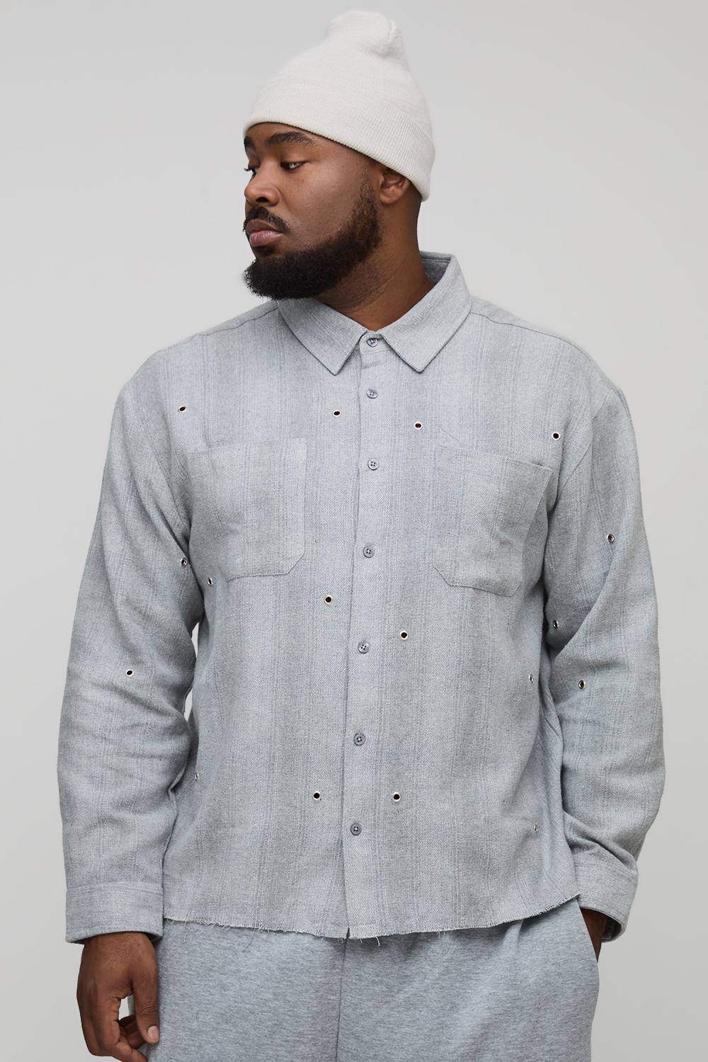 Plus Oversized Distressed Hardware Detail Flannel Check Shirt | Grey | Size 2XL