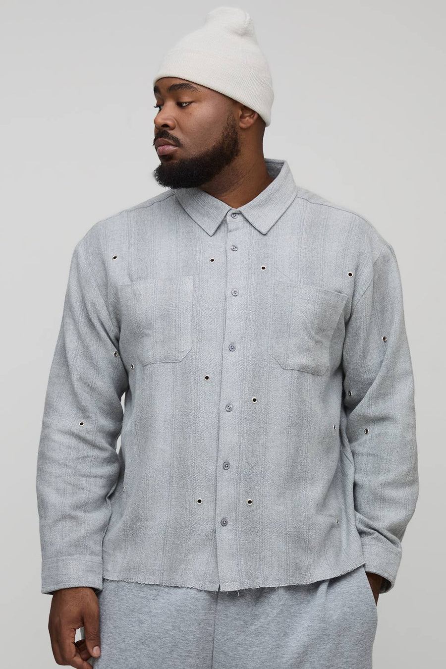 Plus Oversized Distressed Hardware Detail Flannel Check Shirt | Grey | Size 2XL
