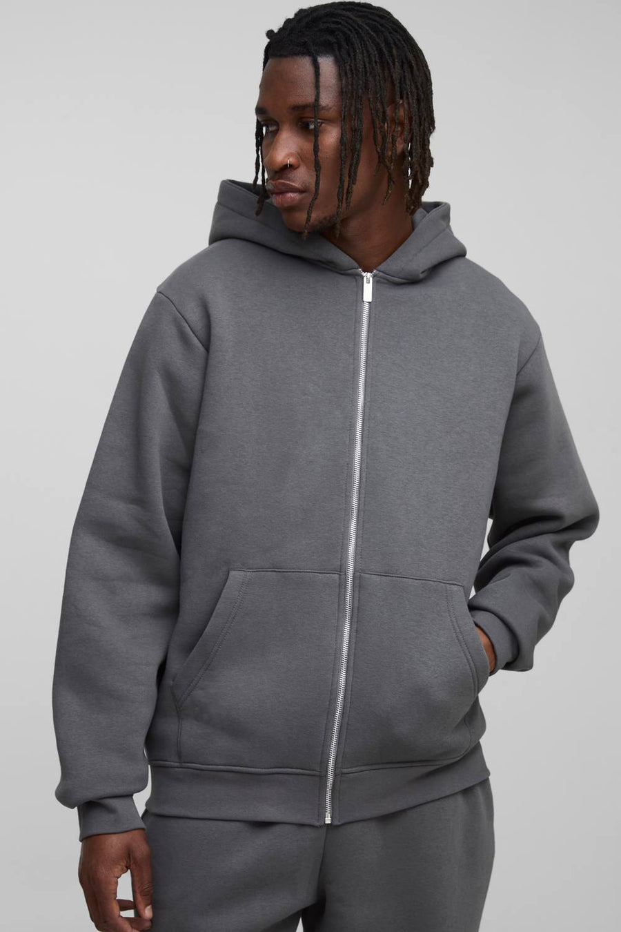 Tall Essential Regular Zip Through Hoodie | Charcoal | Size Medium