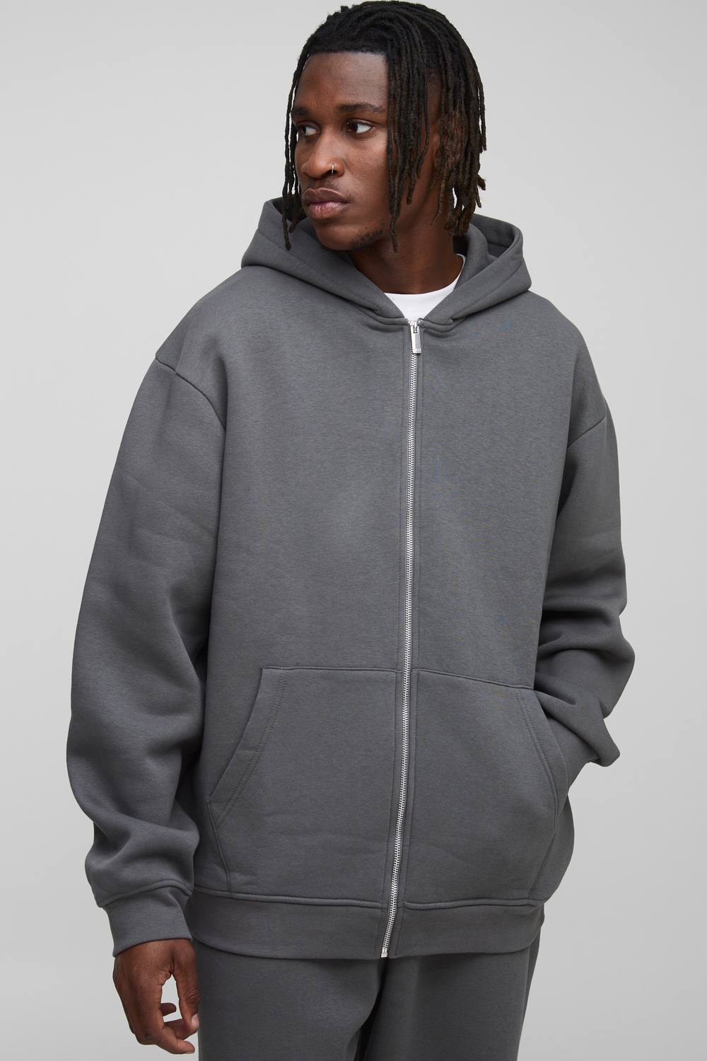 Tall Essential Oversized Zip Through Hoodie | Charcoal | Size Medium