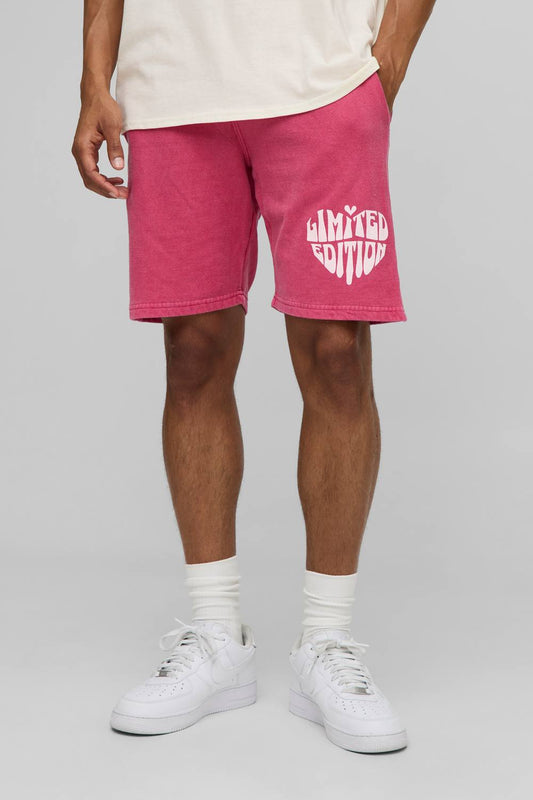Men's Relaxed Fit Limited Heart Graphic Washed Jersey Shorts | Red | Size Medium | BOOHOOMAN