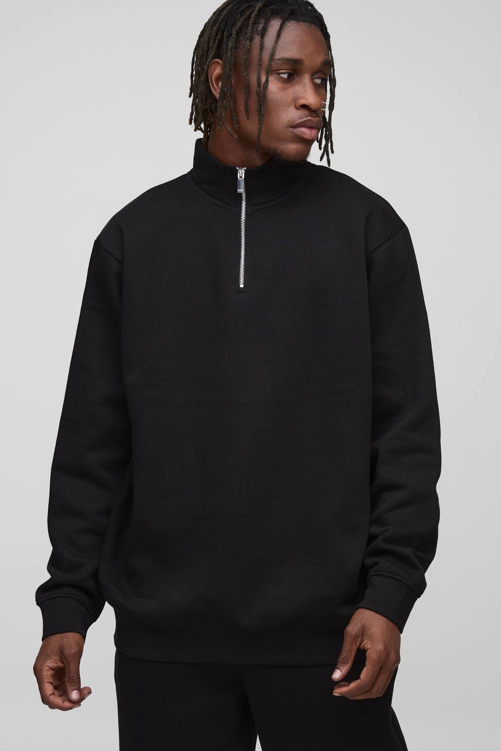 Tall Essential Oversized Quarter Zip Funnel Neck Sweatshirt | Black | Size Medium