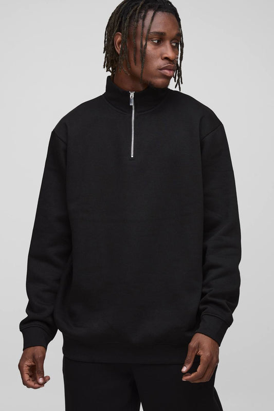 Tall Essential Oversized Quarter Zip Funnel Neck Sweatshirt | Black | Size Medium
