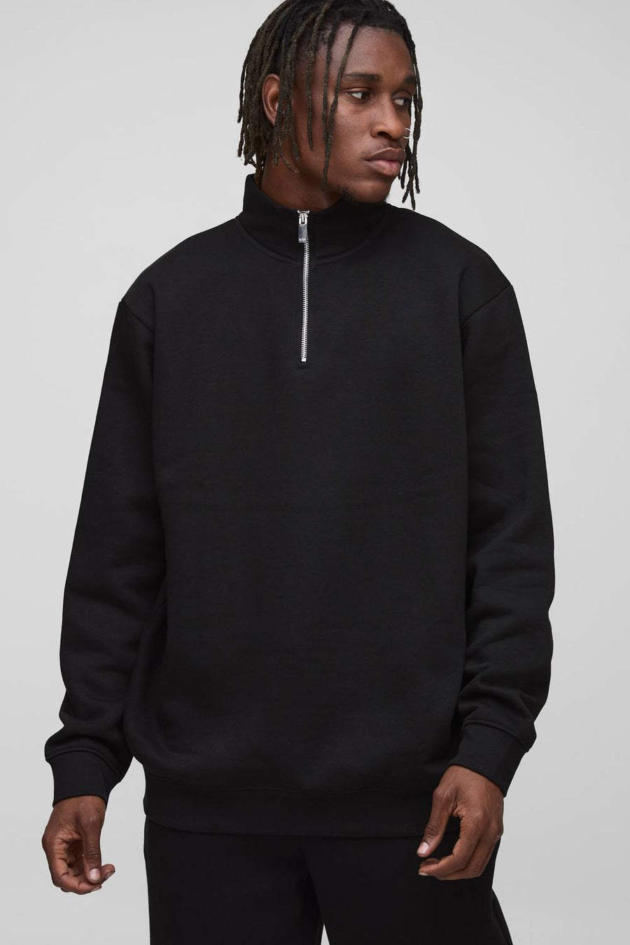 Tall Essential Oversized Quarter Zip Funnel Neck Sweatshirt | Black | Size Medium