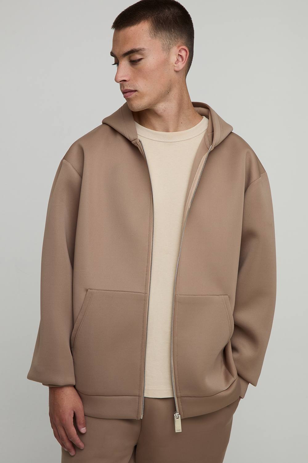 Oversized Bonded Scuba Zip Through Hoodie | Taupe | Size Small