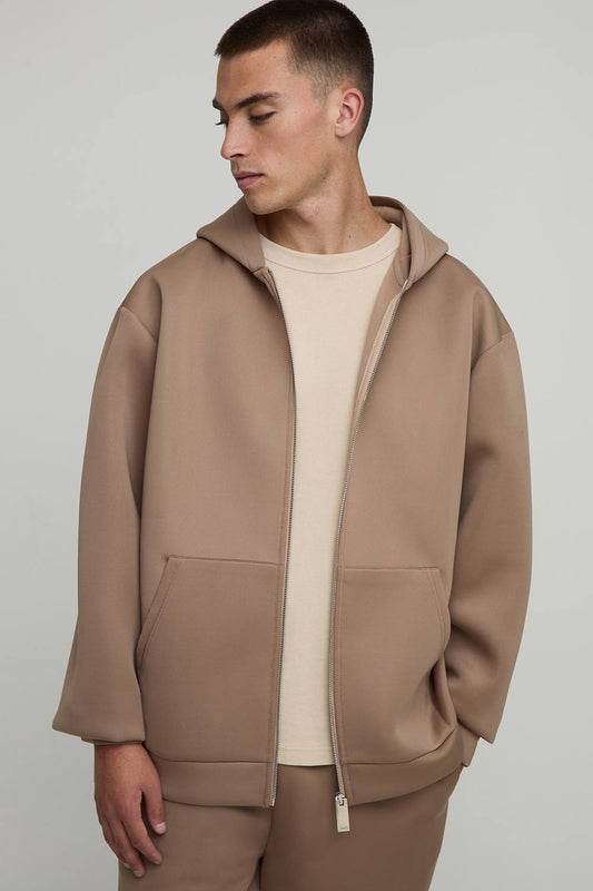 Oversized Bonded Scuba Zip Through Hoodie | Taupe | Size Small