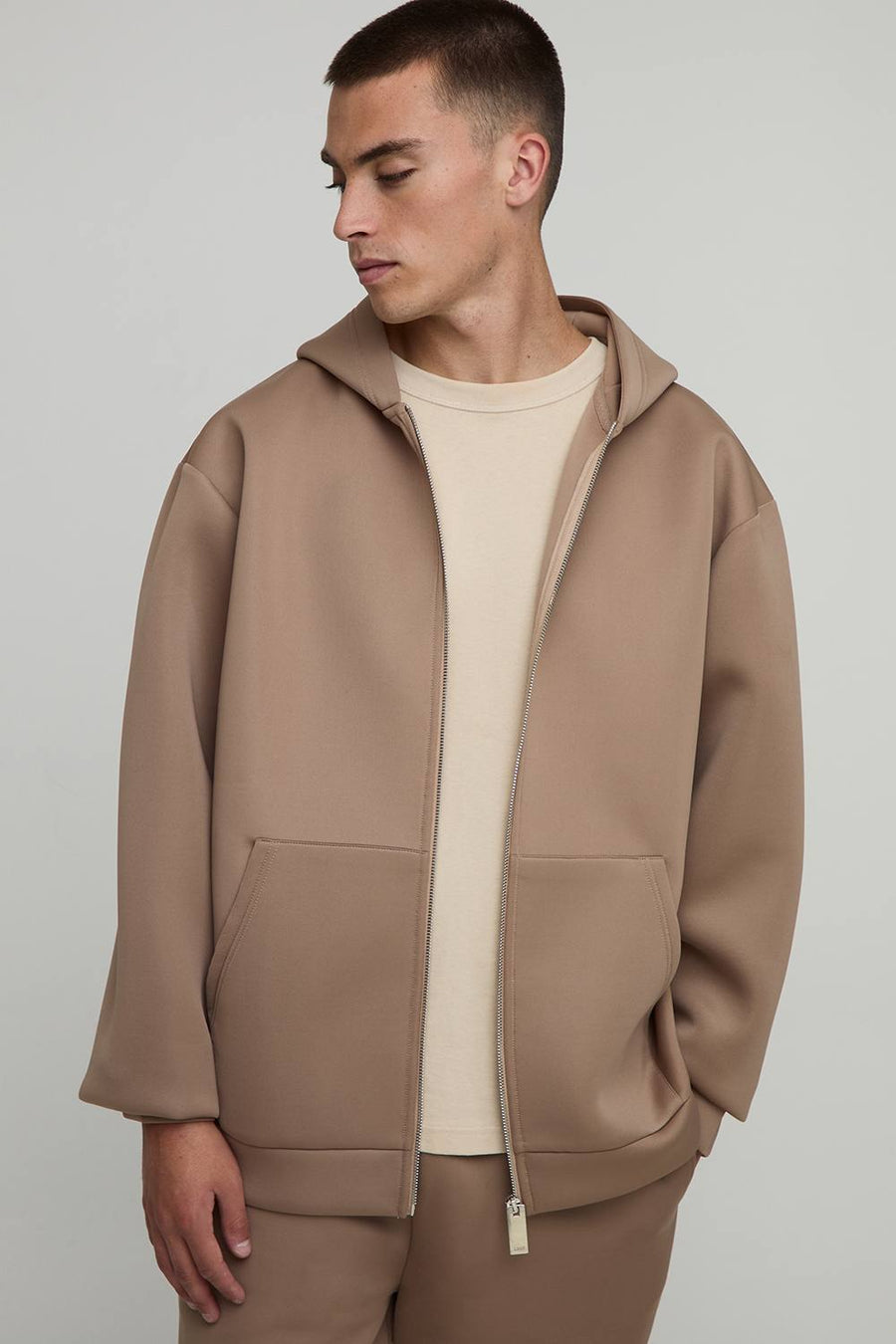 Oversized Bonded Scuba Zip Through Hoodie | Taupe | Size Small