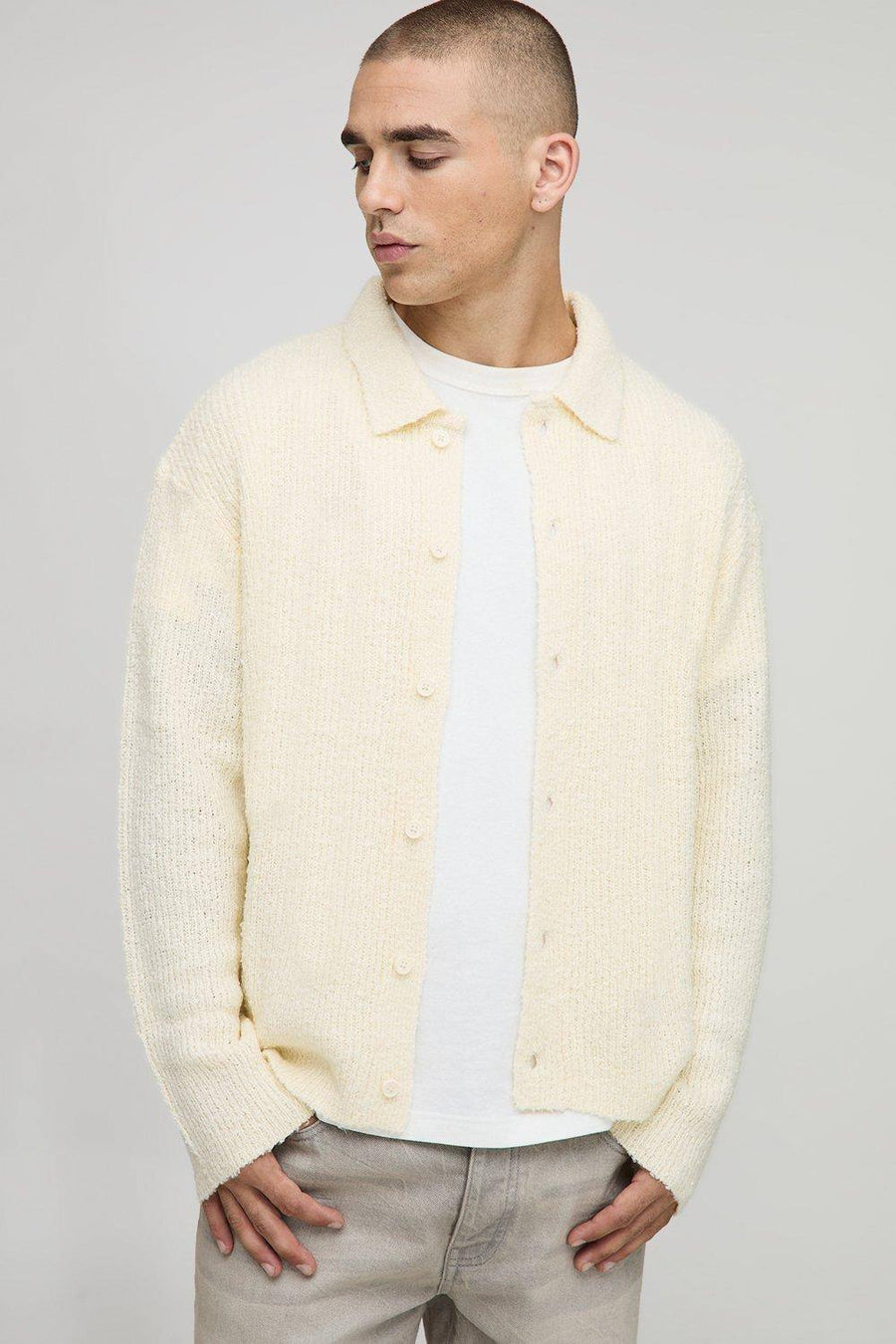 Boxy Fit Brushed Knitted Shirt | Ecru | Size Small