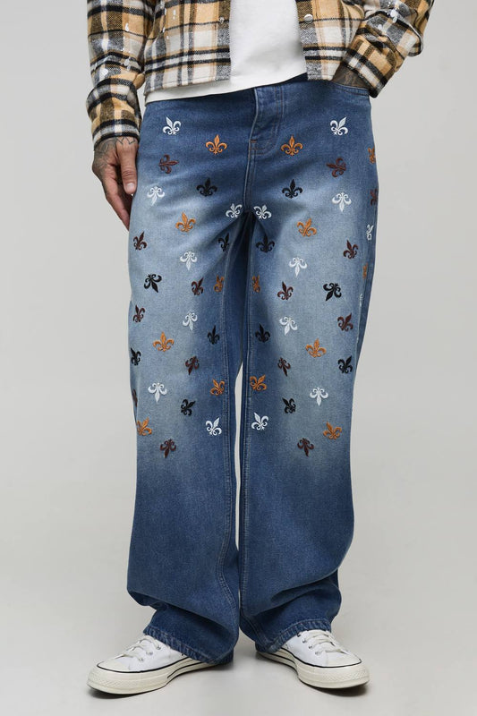 Tall Relaxed Rigid Fleur De Lis Embroidered Jeans | Mid Wash | Size 30