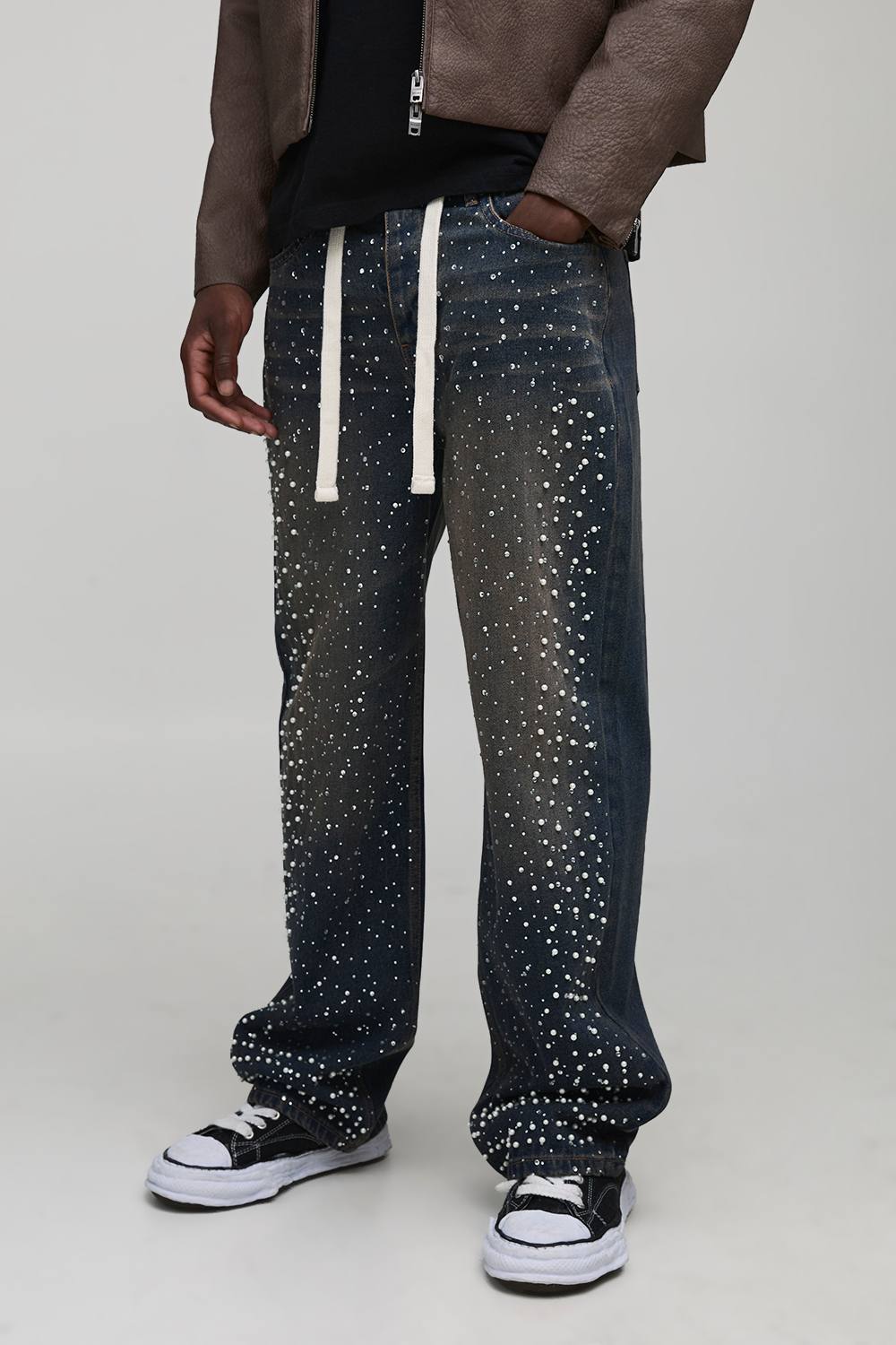 Tall Tinted Rhinestone Extended Drawcord Relaxed Fit Jeans | Vintage Blue | Size 38