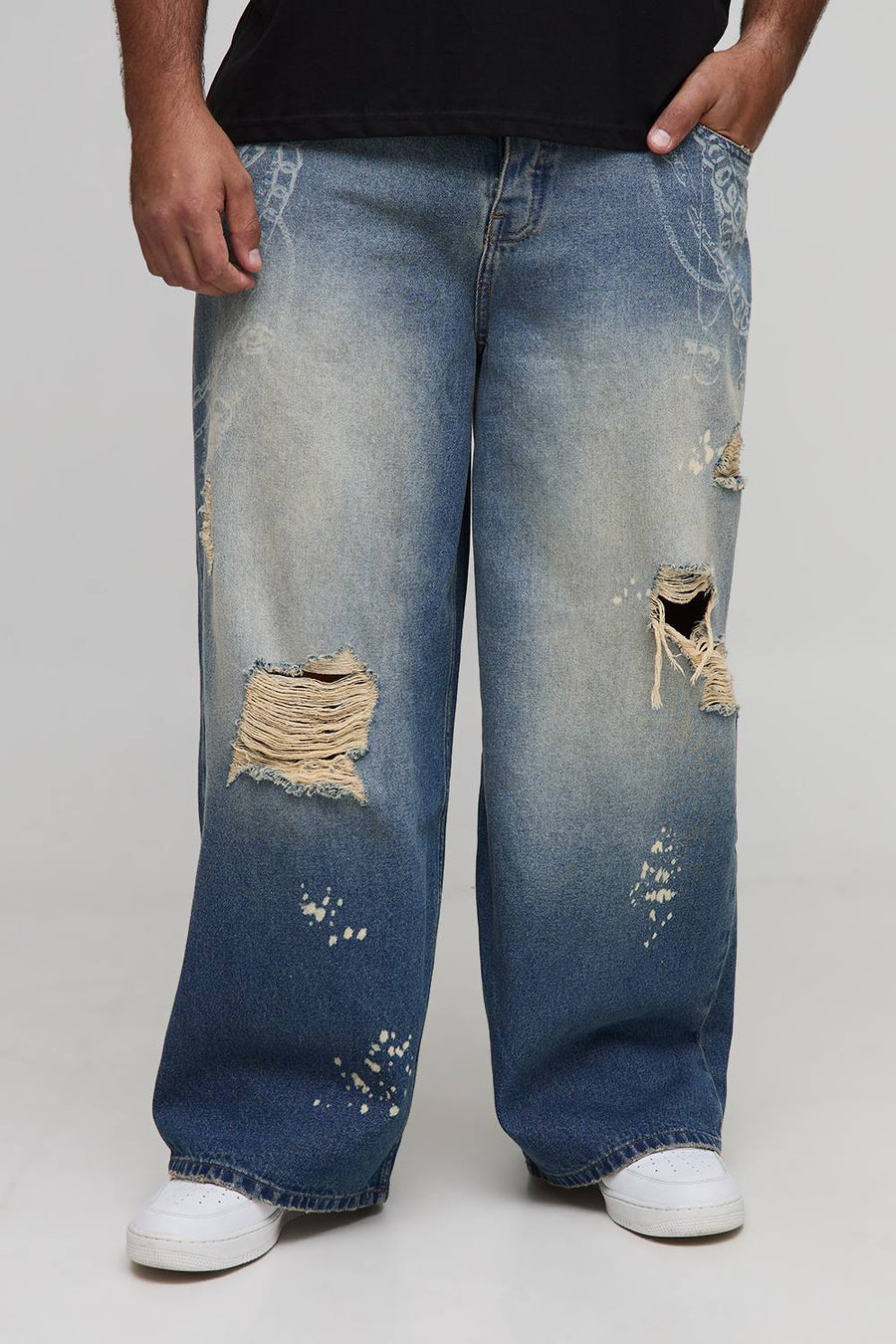 Plus Chain Printed Ripped Baggy Fit Jeans | Vintage Blue | Size 40