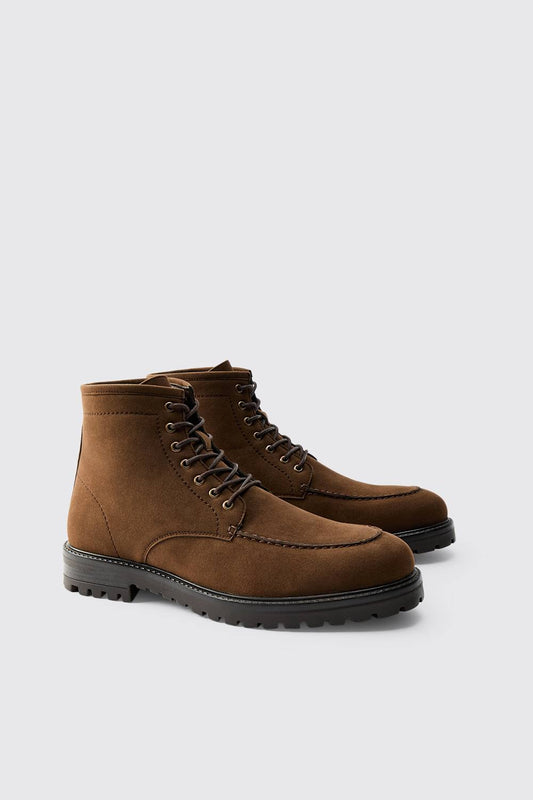Men's Faux Suede Lace Up Track Sole Boot | Chocolate | Size 12 | BOOHOOMAN