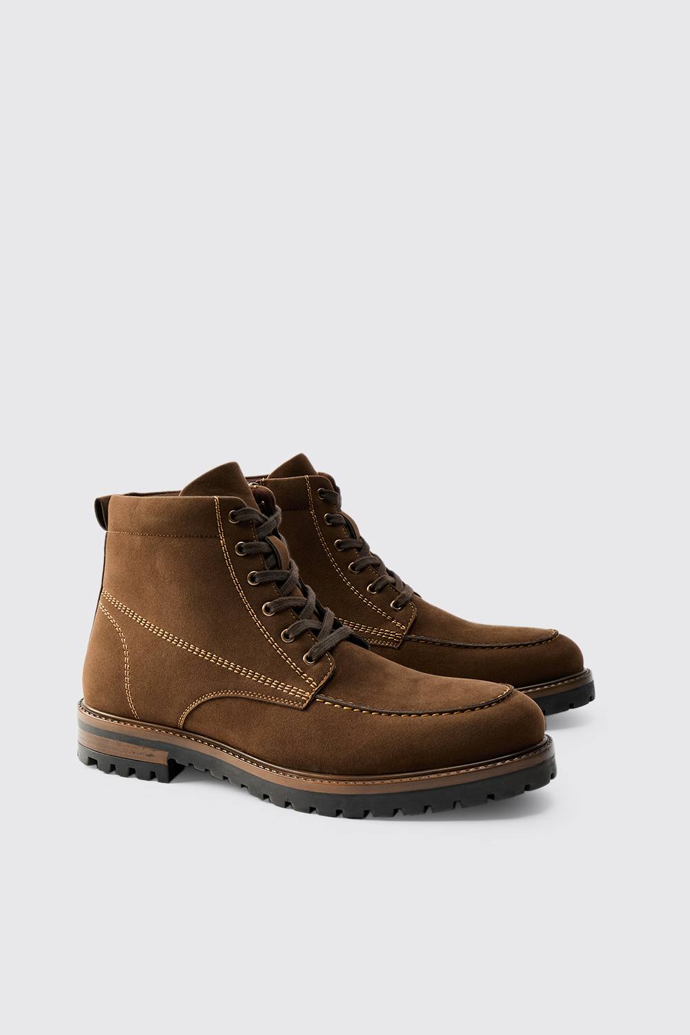 Faux Suede Contrast Stitching Lace Up Boot | Chocolate | Size 12
