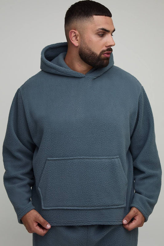 Plus Borg Oversized Boxy Hoodie | Slate Grey | Size 3XL