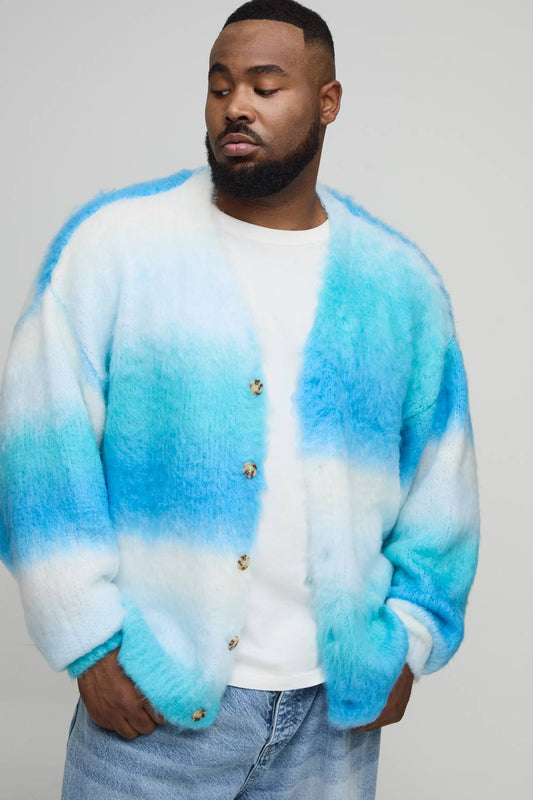 Plus Boxy Oversized Brushed Stripe Knitted Cardigan | Blue | Size 2XL