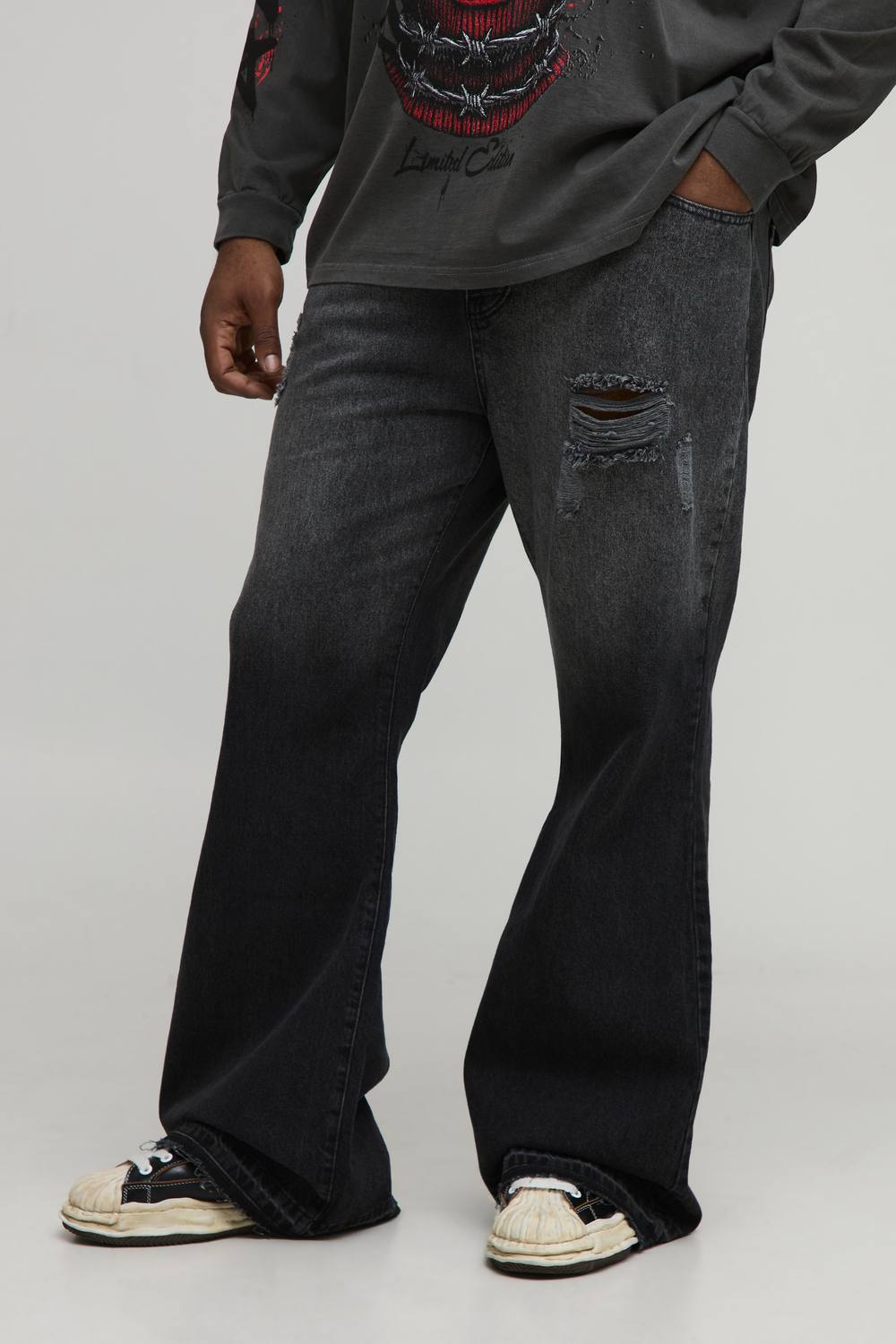 Plus Ripped Let Down Hem Rigid Flared Jeans | Washed Black | Size 46