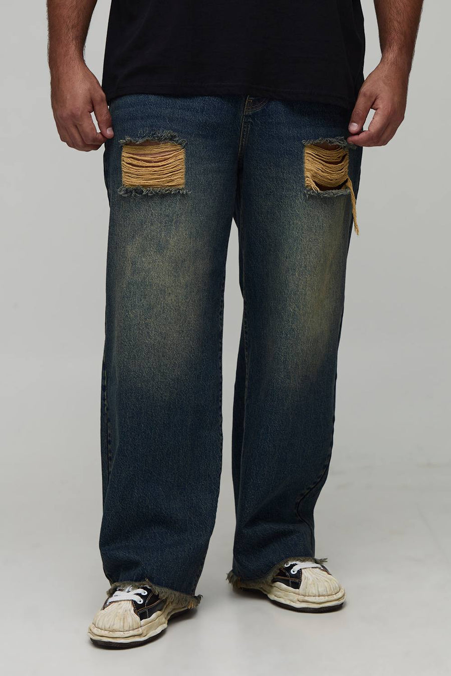 Plus Ripped Raw Hem Stonewash Relaxed Fit Jeans | Size 40