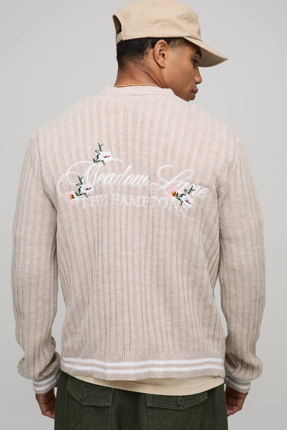 MAN Boxy Floral Varsity Embroidered Jacquard Knitted Cardigan | Ecru | Size Small