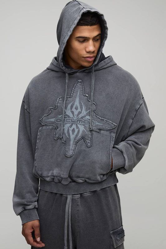 Shrunken Boxy Loopback Washed OFCLMAN Applique Hoodie | Charcoal | Size Medium