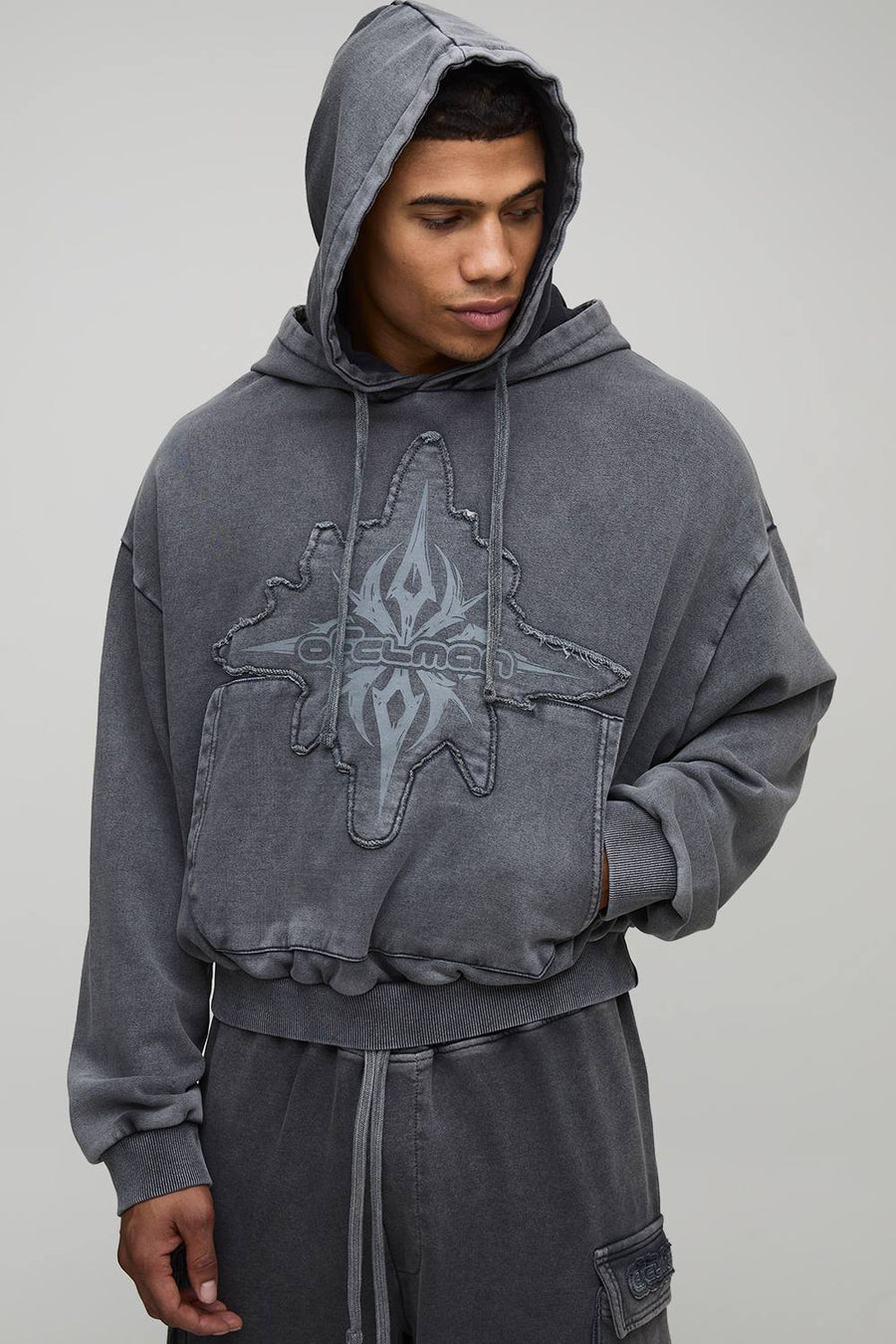 Shrunken Boxy Loopback Washed OFCLMAN Applique Hoodie | Charcoal | Size Medium