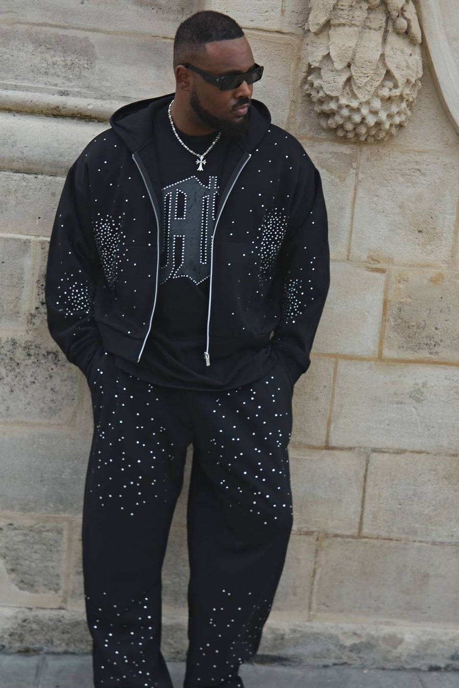 Plus Shrunken Rhinestone Zip Through Hoodie | Black | Size 2XL