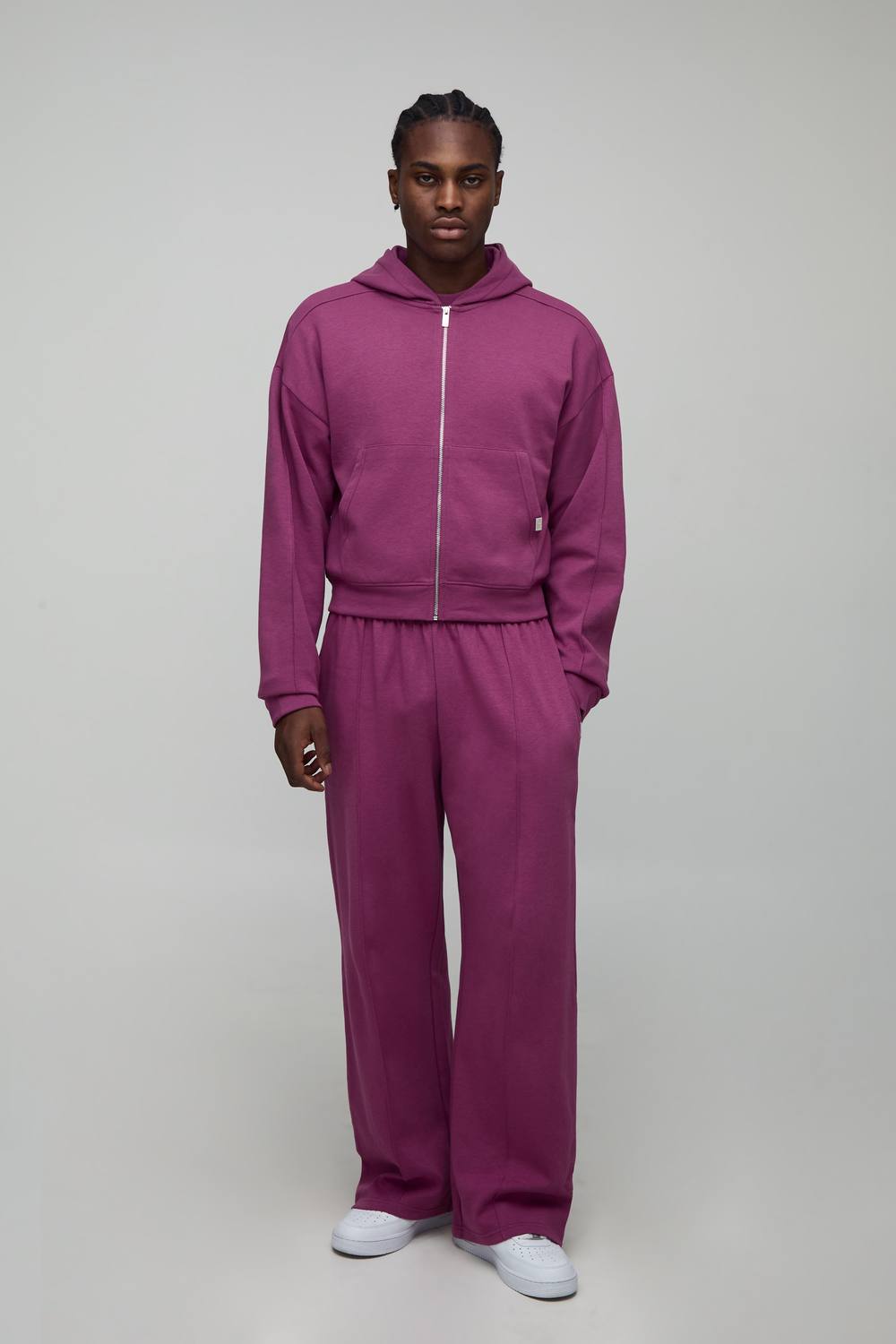 Shrunken Boxy Premium Interlock Zip Through Hoodie | Mauve | Size Small