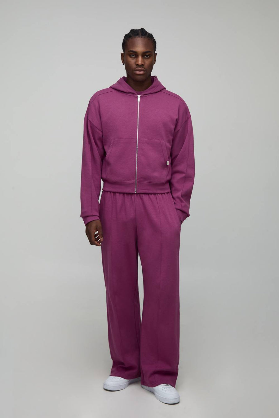 Shrunken Boxy Premium Interlock Zip Through Hoodie | Mauve | Size Small