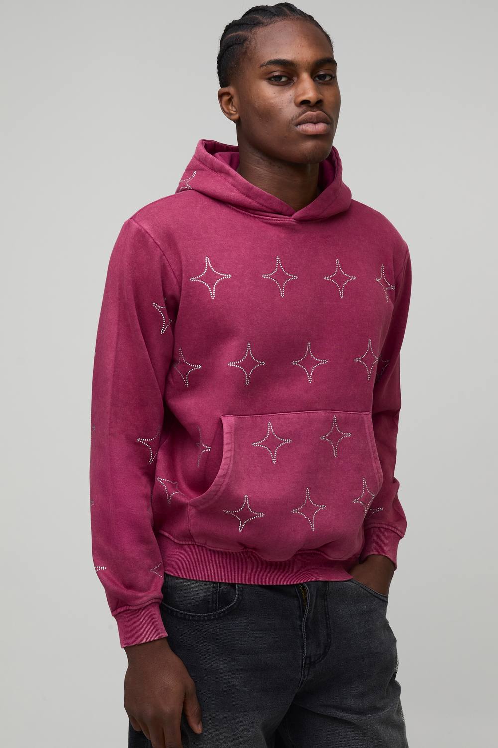 Boxy Washed All Over Rhinestone Hoodie | Pink | Size Small