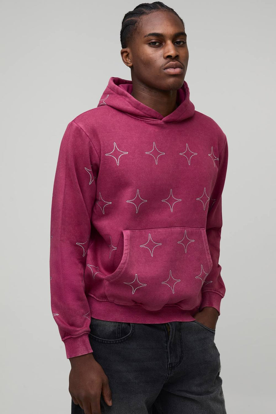 Boxy Washed All Over Rhinestone Hoodie | Pink | Size Small