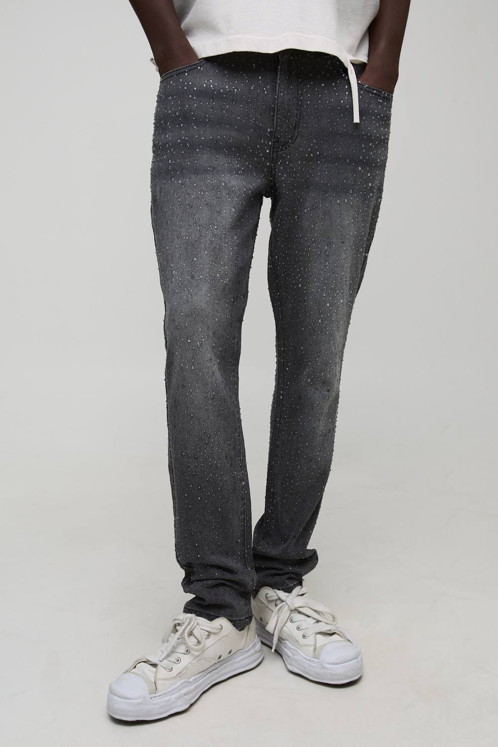 Slim Flared Clear Rhinestone Embellished Denim Jeans | Washed Black | Size 28R