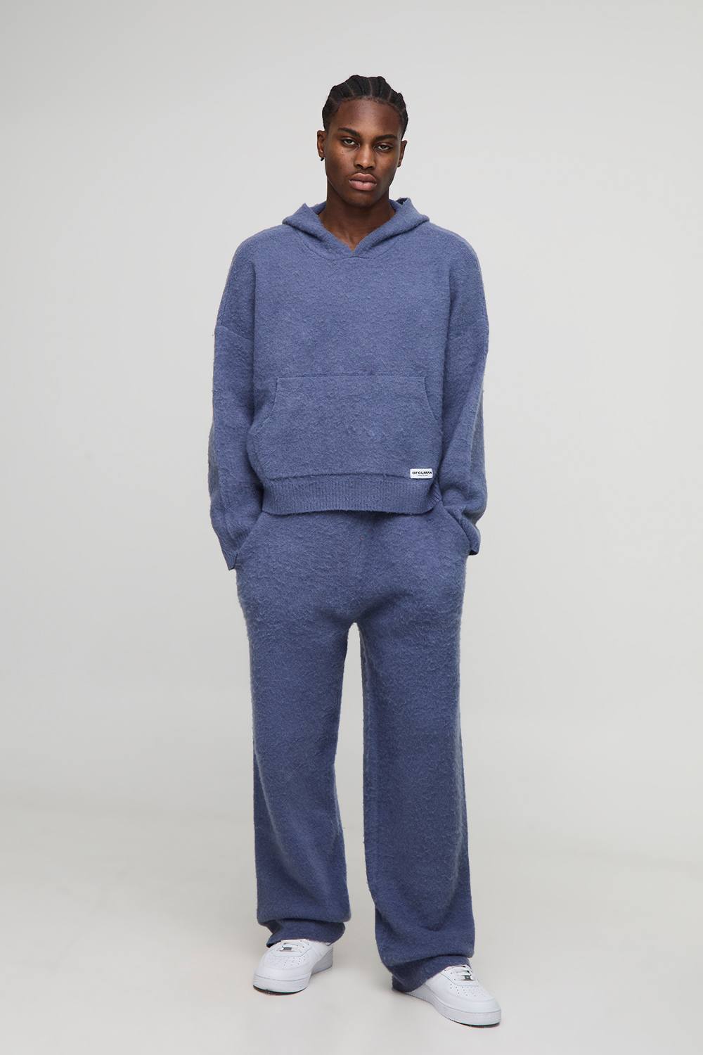 Men's Boxy Fit Brushed Hoodie And Flared Jogger Tracksuit | Slate Blue | Size Medium | BOOHOOMAN