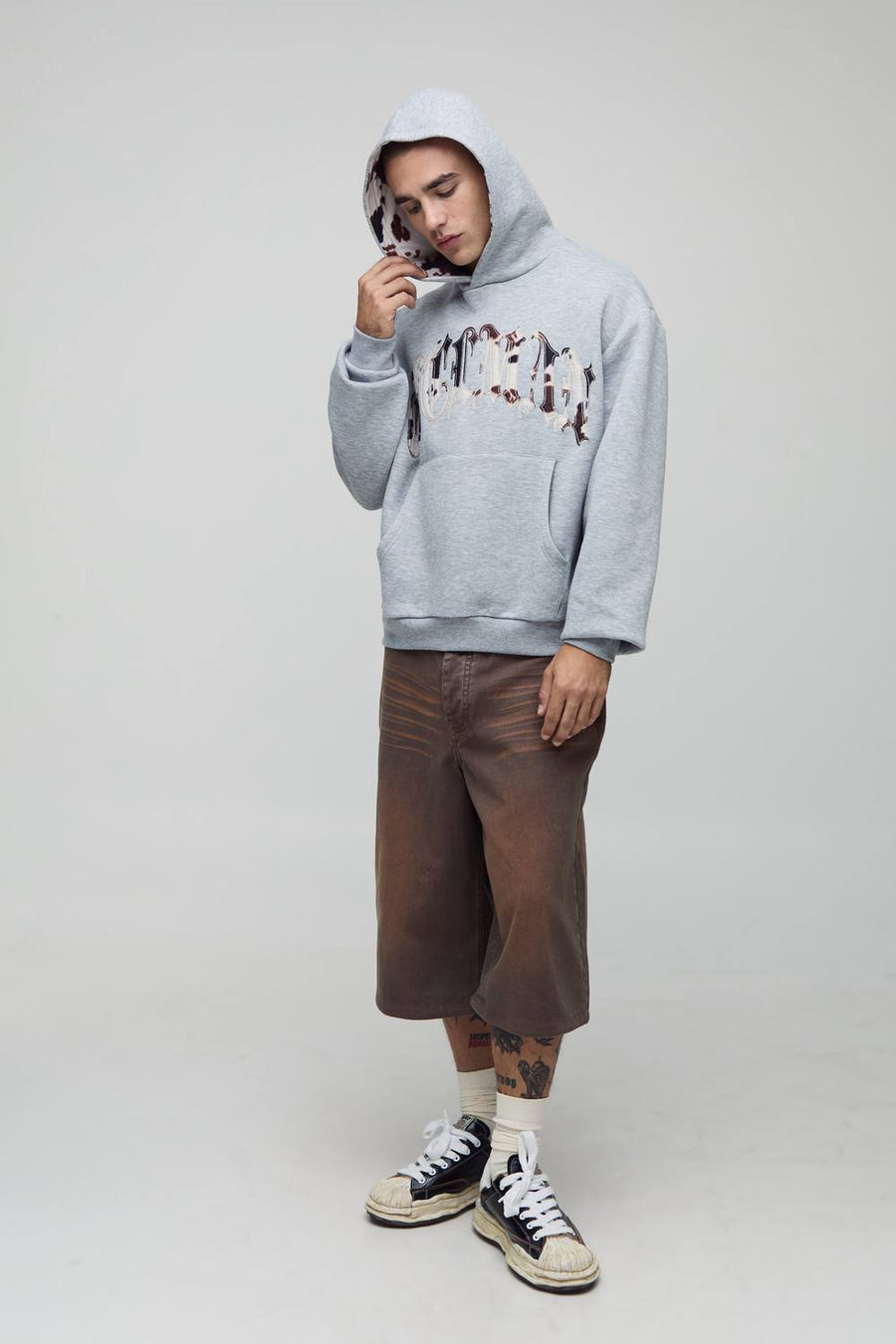 Oversized Boxy Ofcl Cow Print Applique Hoodie | Grey Marl | Size Small