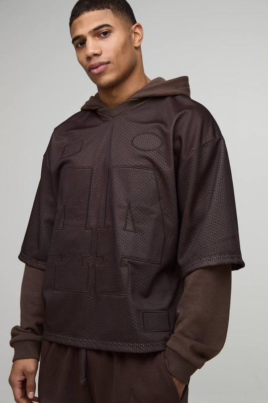 Oversized Boxy Varsity Applique Faux Layer Mesh Hockey Top Hoodie | Brown | Size Medium