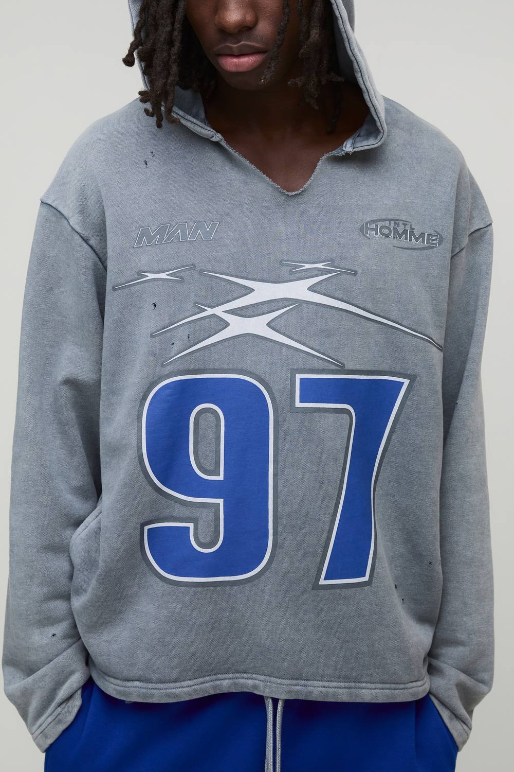 Oversized Boxy Distressed Ripped Neck Hoodie | Grey | Size Medium