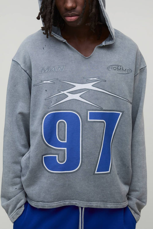 Oversized Boxy Distressed Ripped Neck Hoodie | Grey | Size Medium