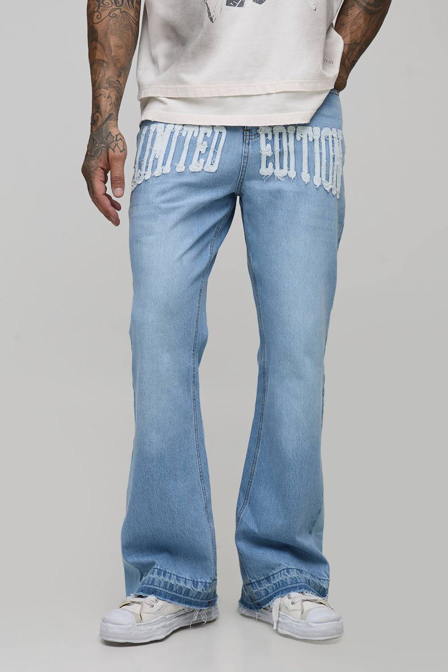 Tall Raw Hem Applique Gusset Flared Jeans | Light Wash | Size 40
