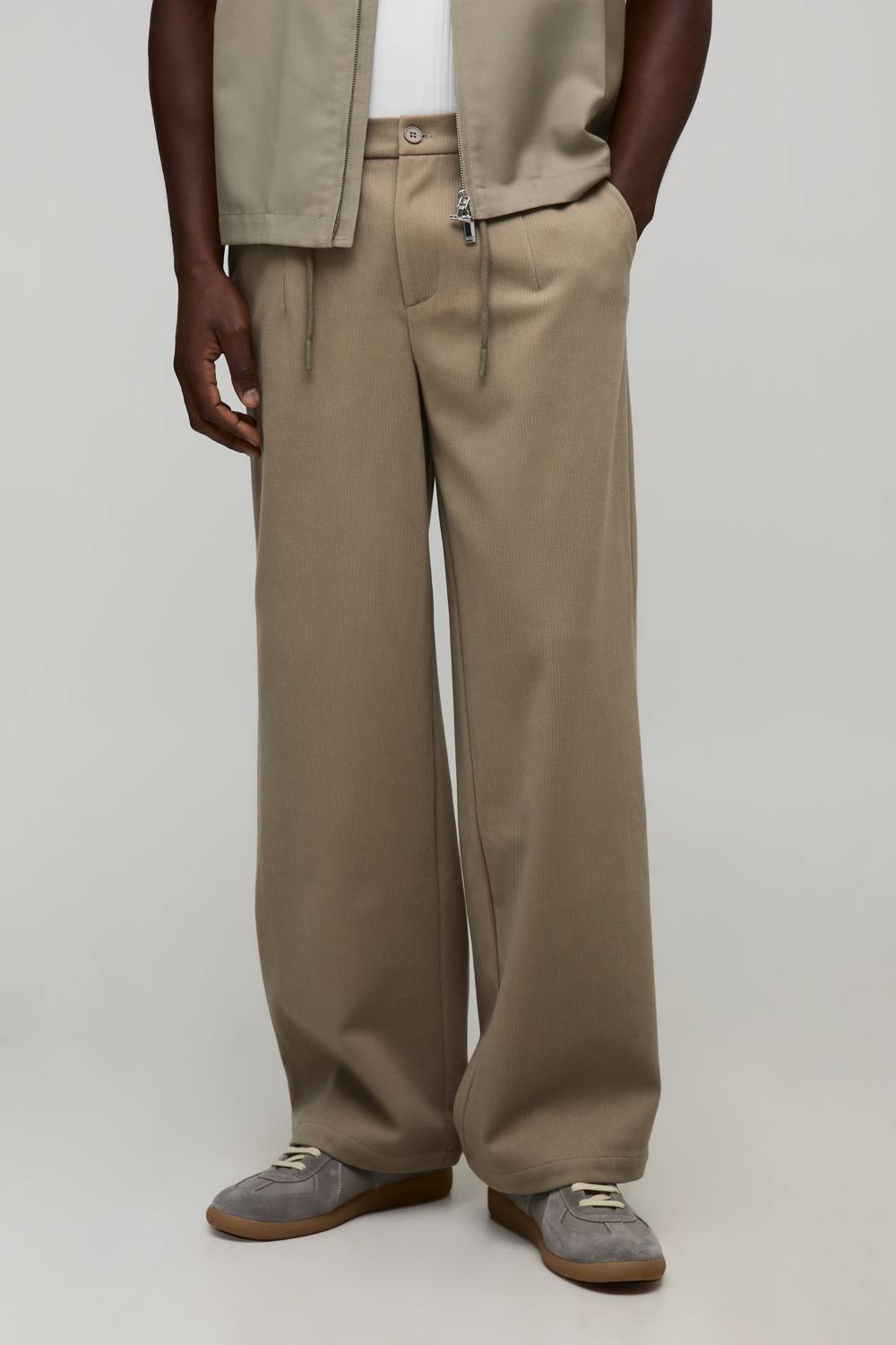 Relaxed Fit Half & Half Waistband Textured Trouser | Taupe | Size Small