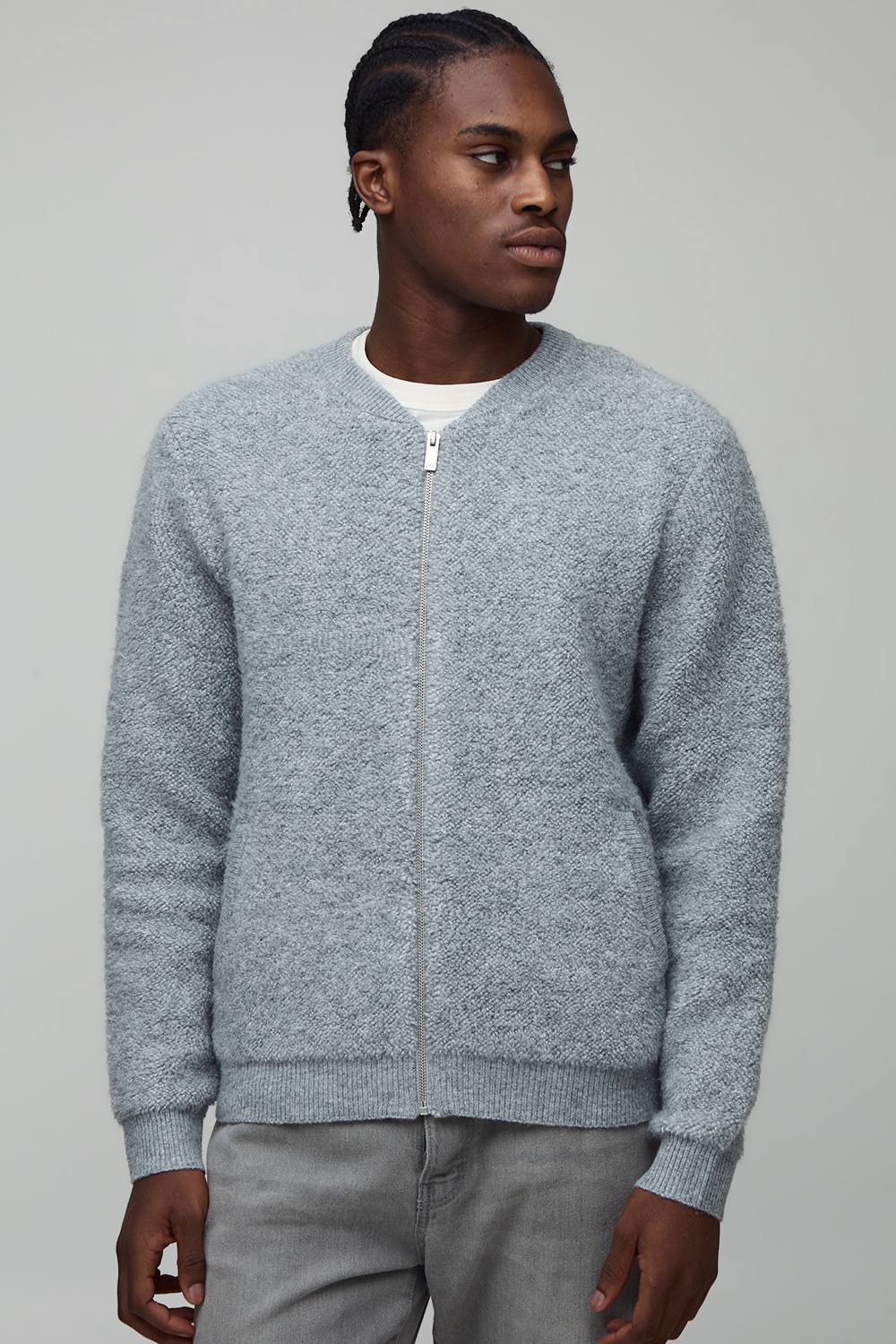 Regular Fit Boucle Knitted Bomber Jacket | Grey | Size Small