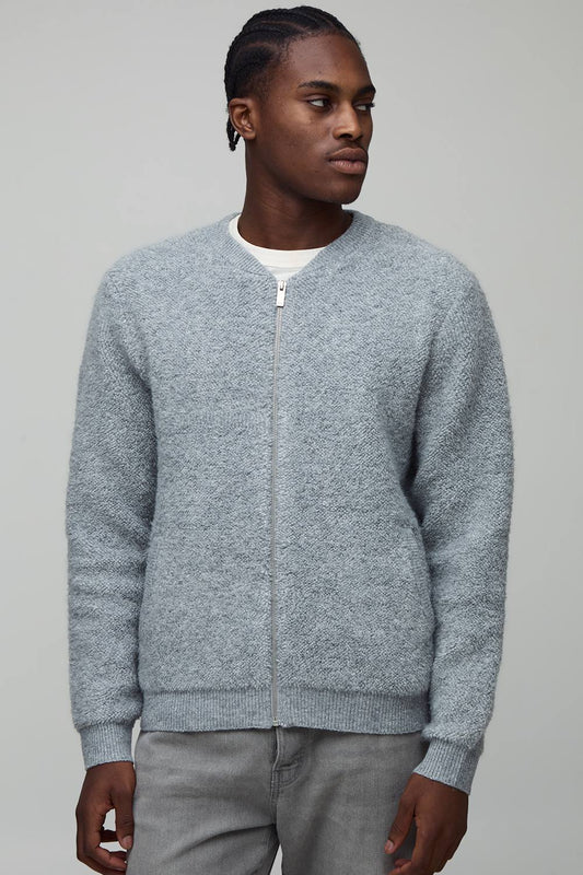 Regular Fit Boucle Knitted Bomber Jacket | Grey | Size Small