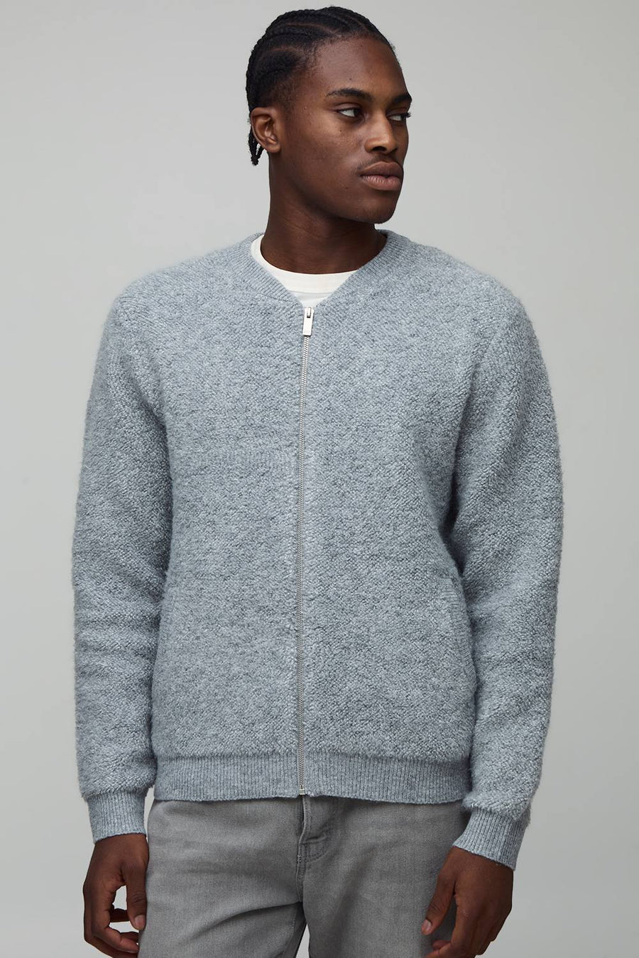Regular Fit Boucle Knitted Bomber Jacket | Grey | Size Small