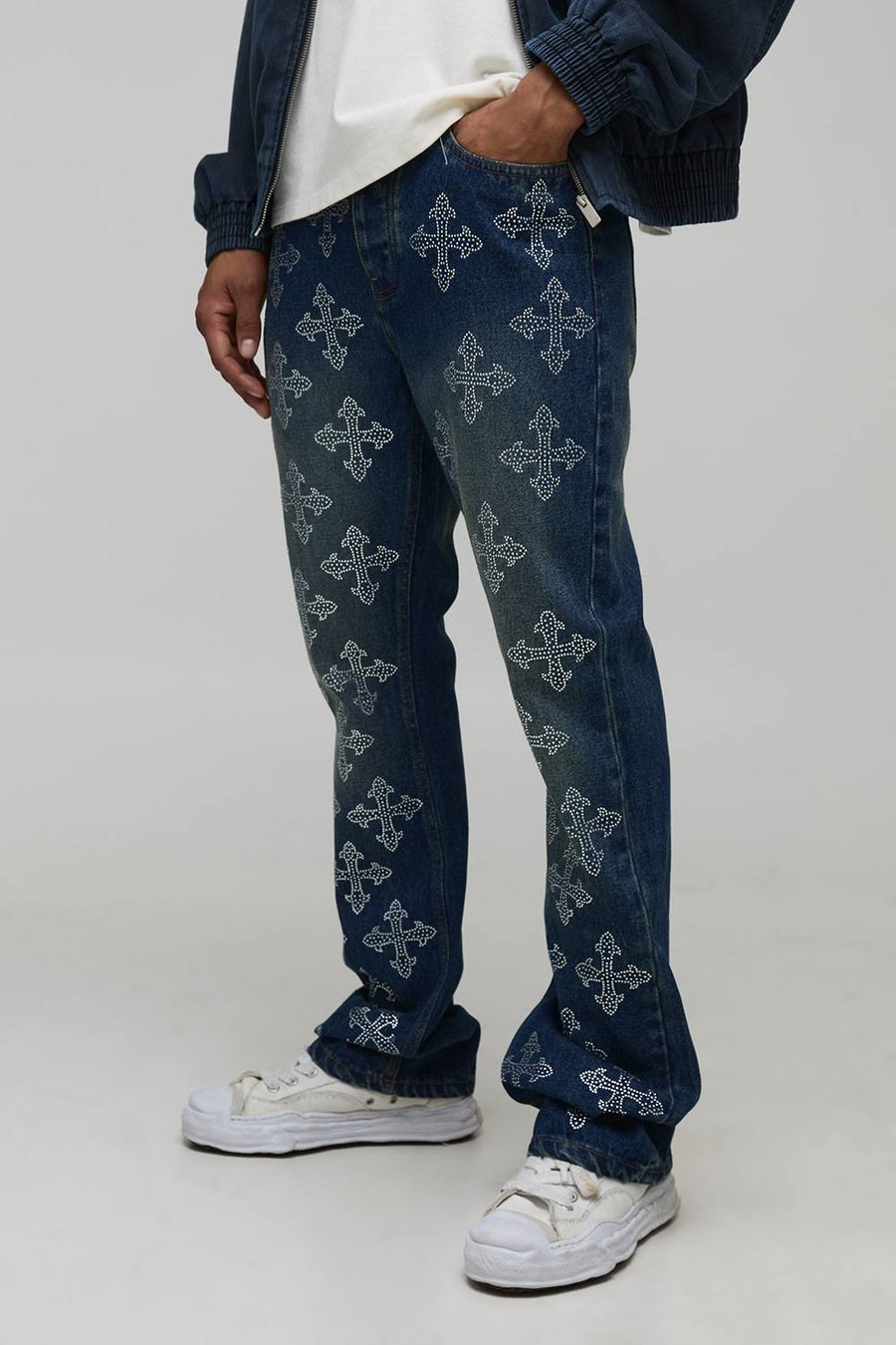 Stacked Flared Cross Rhinestone Embellished Denim Jeans | Vintage Blue | Size 28R