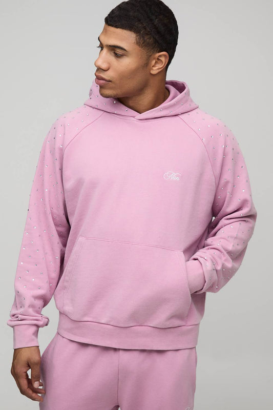 Oversized Boxy Man Rhinestone Washed Raglan Hoodie | Pink | Size Small